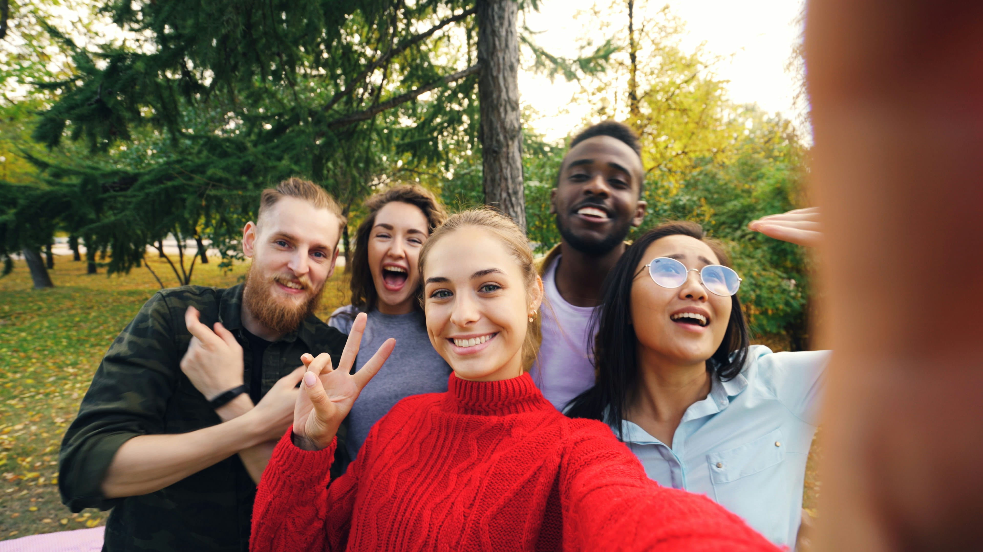 A diverse group of friends taking a selfie together in a sunny park